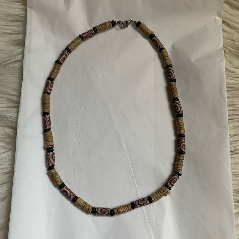 Handcrafted Beige and Black Beaded Necklace - Picture 3 of 7